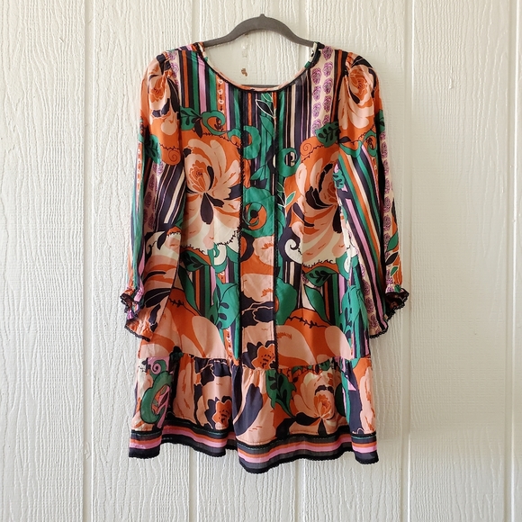 Anthropologie Odille 100% Silk Boho Floral Peplum Tunic Longsleeve sz 8 - Picture 4 of 8